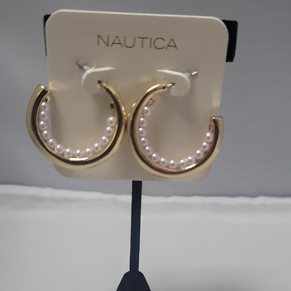 Nautica Gold and White Hoop Earrings with Elegant Design